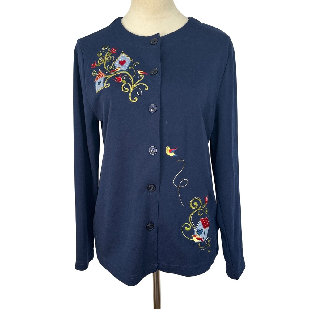 Breckenridge Embroidered Birdhouse Cardigan Sweater Women Petite Medium‎ Navy